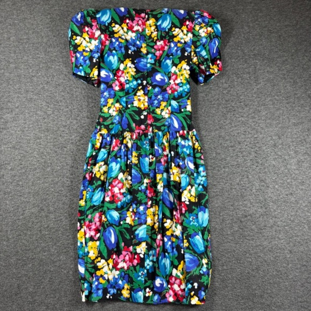 Vintage 80s Colorful Floral Cocktail Dress Size 6 Rhinestone Bow Puff Sleeve - Picture 11 of 13